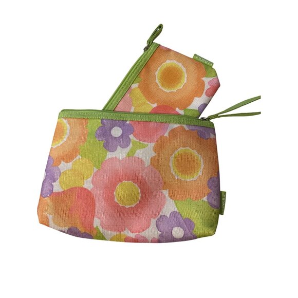 Floral Canvas Zippered Pouch Set With Wrist Strap Spring Pastel Colors Durable & - Picture 1 of 3